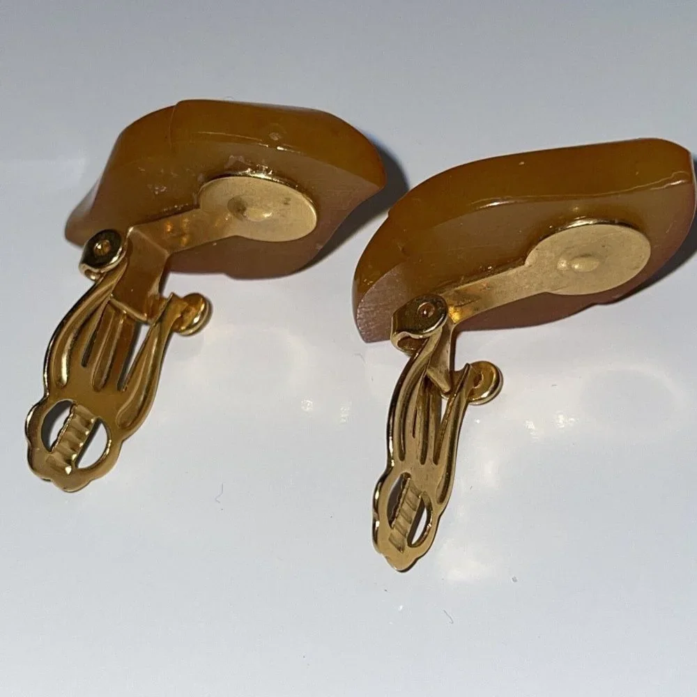 Vintage Kaliningrad USSR Natural Baltic Amber Clip On Earrings Leaf Shape Dangle
